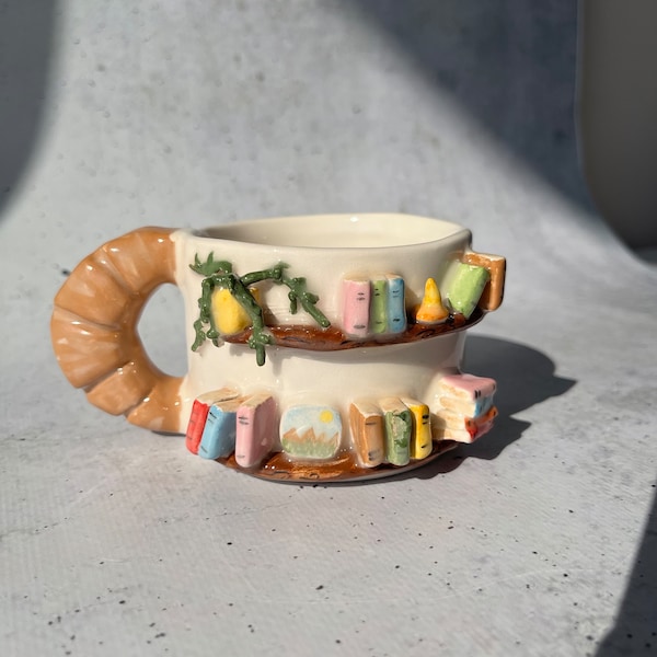 Ceramic Book Mug, Library Bookshelf Mug, Bookworm Tumbler, Unique Tiny Book Cup, Cute Croissant Coffee Cup, Home Decor, Tea mugs