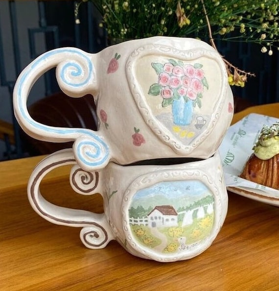 Handmade Aesthetic Ceramic Mug With Artistic Painting Picture, Hand Painted Pottery Colorful Mugs, Handcrafted Vintage Cup