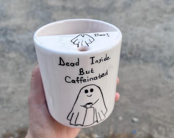 Halloween Travel Tumbler, Ceramic Minimalist To-go Cup, Hand Thrown Pottery Mug, Rustic Sip Mug, Lemonade Cup For Library, Funny Ghost Mug