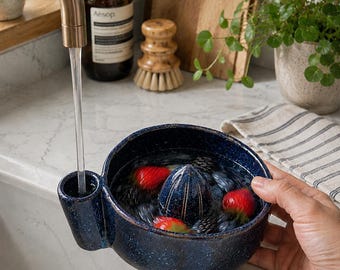 Blue Ceramic Berry Washing Bowl, Fruit Rinsing, Farmhouse Prep Bowl For Berries