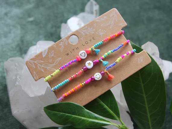 Perlenarmband,farbecht!, bunt, Smiley, Stern, Herz, personalisiert, Quaste, orange, pink, türkis, gold, Glücksarmband, Freundschaftsarmband