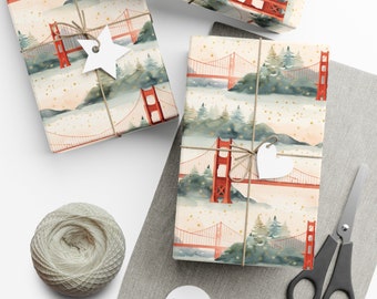 Christmas-Themed Golden Gate Bridge Gift Wrap Paper, Holiday wrapping paper, Christmas gift wrapping paper