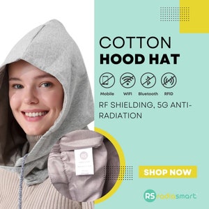 Pode incluir: Um chapéu de algodão cinzento com capuz com uma etiqueta que diz "RS radiasmart" e o texto "RF SHIELDING, 5G ANTI-RADIATION". O chapéu é projetado para bloquear sinais móveis, WiFi, Bluetooth e RFID.