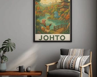 Impression d'art de la région Pokémon de Johto | Poster de voyage vintage nostalgique