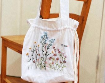 Drawstring Flower Garden Embroidered Linen Tote Bag, Shoulder Bag, Daisy Tote Bag, Hand Embroidered Tote, Personalised Bag, Shopping Bag