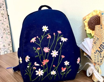 Wild flower embroidered backpack, Custom hand embroidered backpack, Personalized backpack, Backpack for women, Kid backpack