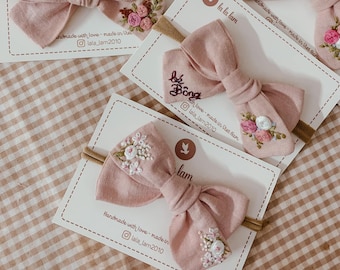 Name Embroidered Baby Bow, Floral Embroidered Baby Headband, Personalized Name Bow, Linen Turban, Personalized Headband, Hand Embroidery