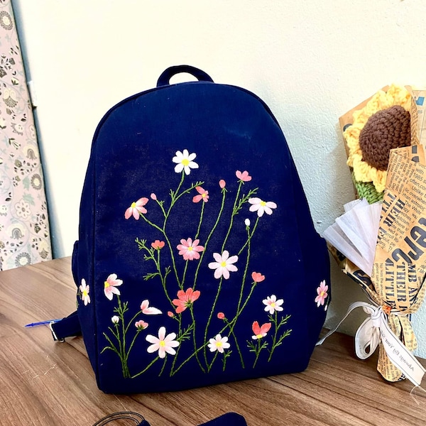 Wild flower embroidered backpack, Custom hand embroidered backpack, Personalized backpack, Backpack for women, Kid backpack