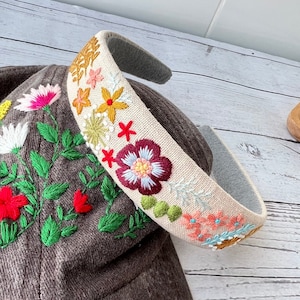 Hand besticktes Stirnband, Blumen Stickerei Turban, Leinen Haarband, Leinen Haarschmuck, bestickter Haarreif, besticktes Geschenk