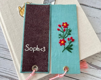 Hand Embroidered Custom Bookmark,  Flower Hand Embroidered Bookmark, Personalized Book Mark, Daisy Handmade Bookmark, Linen Bookmark