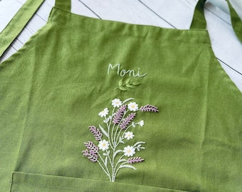 手刺繍エプロン レディース、花刺繍エプロン、リネンエプロン