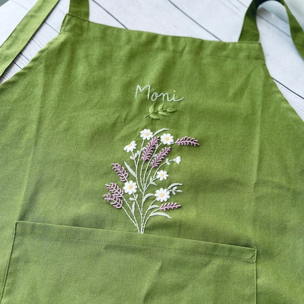 Personalized Embroidered Apron For Women, Hand-Embroidered Apron, Linen Cotton Apron, Flower Embroidery Linen Apron, Custom Apron