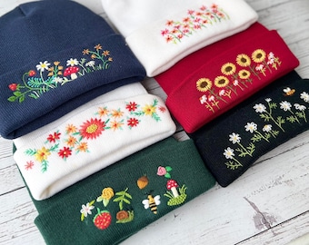 Hand Embroidered Beanie, Mushroom Beanie, Daisy Beanie, Wild Flower And Bee Beanie, Boho Beanie, Winter Hat, Christmas Gift, Birthday Gift