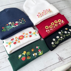 Hand Embroidered Beanie, Mushroom Beanie, Daisy Beanie, Wild Flower And Bee Beanie, Boho Beanie, Winter Hat, Christmas Gift, Birthday Gift