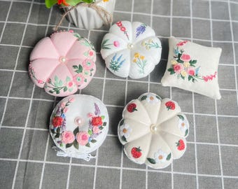 Flower Hand Embroidered Pin Cushion, Round Pumpkin Pincushion, Sewing Accessory, Gift for Mom, Gift for Her, Pin Keeper