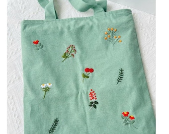 ポケット付き花柄刺繍リネントートバッグ、ワイルドフラワートート