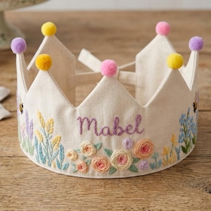 Custom Hand Embroidered Linen Crown, Baby Birthday Crown, Kids Crow, Personalized Gift, First Birthday Gift, Flower And Name Crowns image 19