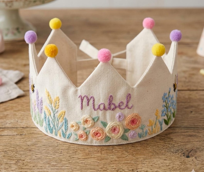 Custom Hand Embroidered Linen Crown, Baby Birthday Crown, Kids Crow, Personalized Gift, First Birthday Gift, Flower And Name Crowns image 19