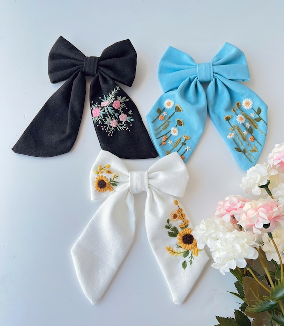 Flower Hair Bow, Hand Embroidered Hair Bow Personalized  display picture 1
