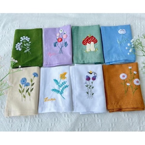 Custom Embroidered Handkerchiefs, Personalized Linen Embroidered Handkerchief, Wild Flower Handkerchief, Hand Embroidery, Wedding Gift