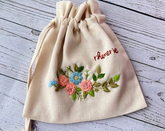 Custom Embroidered Drawstring Bag, Rose Embroidered Pouch, Personalized Cosmetic Bag, Jewerly Pouch, Coin Pouch, Makeup Linen Bag