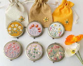 Wild flower Embroidered Compact Mirror Comes With a Drawstring Bag, Pocket Mirror, Daisy Mirror, Makeup Mirror, Bridesmaid Mirrors.