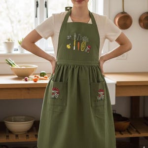 Groente- en paddenstoelenhandgeborduurd schort dames, gepersonaliseerde schort, aangepaste schort, linnen schort, tuinschort, keukenschort