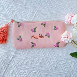 Personalized Hand Embroidered Pencil Case, Hydrangea Linen Pouch, Handmade Makeup Bag, Bridesmaid Gift, Linen Coin Purse, Wild Flower Pouch
