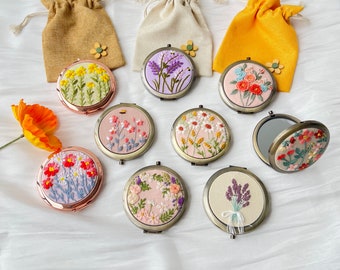 Wild flower Embroidered Compact Mirror Comes With a Drawstring Bag, Pocket Mirror, Daisy Mirror, Makeup Mirror, Bridesmaid Mirrors.