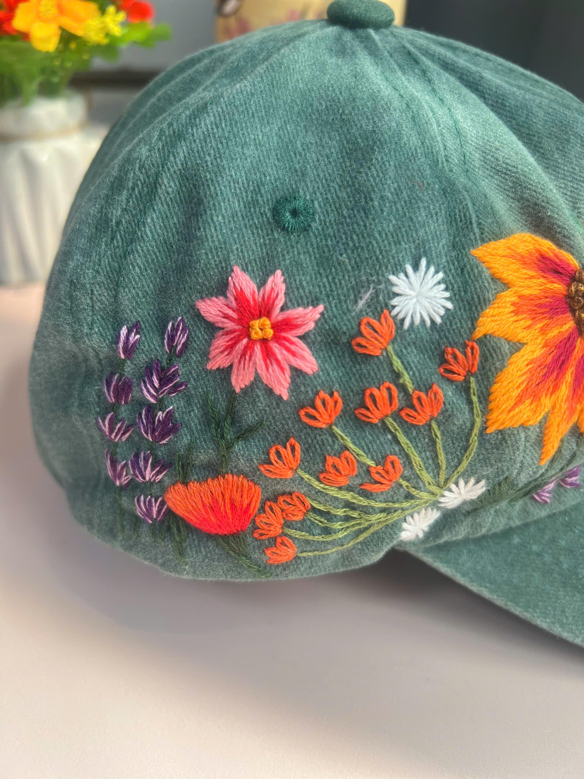 Custom Hand Embroidery Floral Hat, Orange Flower Embroidered Cap