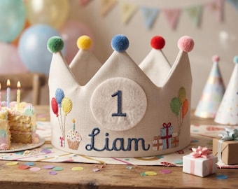 Custom Hand Embroidered Linen Crown, Interchangeable Number Birthday Crown, Personalized Gift, First Birthday Crown, Flower And Name Crowns