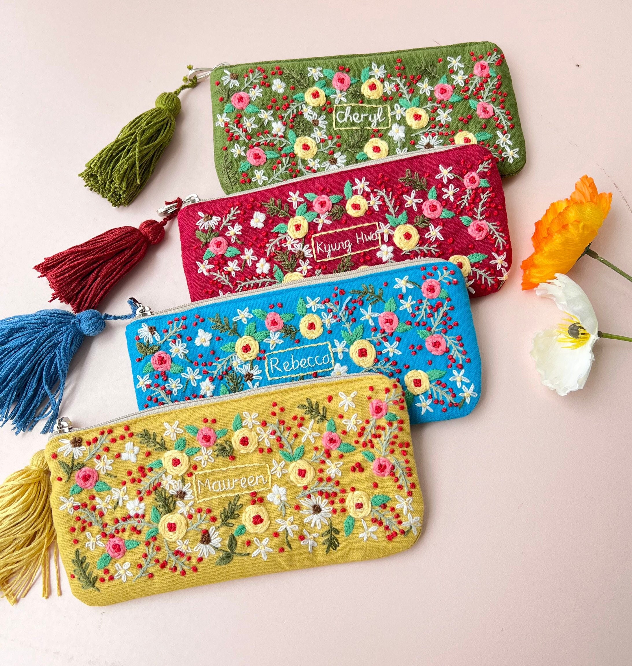 Personalized Hand Embroidered Pencil Case, Rose Linen Pouch, Handmade Makeup Bag, Bridesmaid Gift, Linen Coin Purse, Wild Flower Pouch