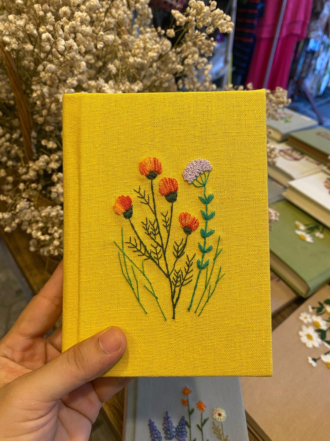 Green - Yoga Hand Embroidered Fabric Cover Handmade Paper Journal / Diary (9 x 6 in) 14