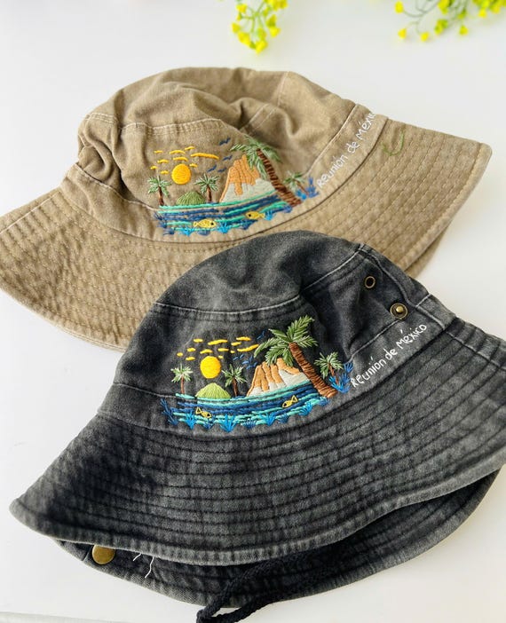 New Custom Designed Beige Bucket Hat with Flower Embroidery, Adjustable Bloom Bucket Hat main image 4