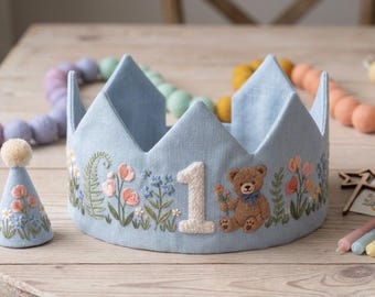 Custom Hand Embroidered Linen Crown, Baby Birthday Crown, Kids Crow, Personalized Gift, First Birthday Gift, Flower And Name Crowns