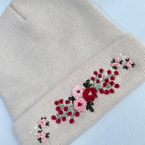 Hand Embroidered Beanie, Roses Embroidered Beanie, Flower Beanie, Boho Beanie, Winter Hat, Christmas Gift, Birthday Gift