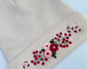 Hand Embroidered Beanie, Roses Embroidered Beanie, Flower Beanie, Boho Beanie, Winter Hat, Christmas Gift, Birthday Gift
