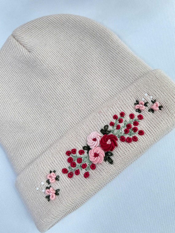Hand Embroidered Beanie, Roses Embroidered Beanie, Flower Beanie