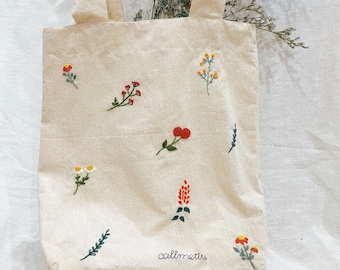 Floral Embroidered Linen Tote Bag With Pocket, Wild Flower Tote Bag, Hand Embroidered Tote Bag, Personalised Tote Bag, Shopping Bag