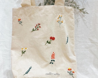 Floral Embroidered Canvas Tote Bag With Pocket, Wild Flower Tote Bag, Hand Embroidered Tote Bag, Personalised Tote Bag, Shopping Bag