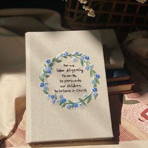 Forget Me Not Hand Embroidered Notebook, Custom Handmade Journal Notebook, Daisy Notebook, Fabric hardcover, Personalized Notebook