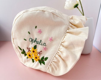 Personalized Hand Embroidered Linen Baby Bonnet With Sunflowers, Custom Name Linen Bonnet, Baby Sunbonnet White, Neutral Baby Gift