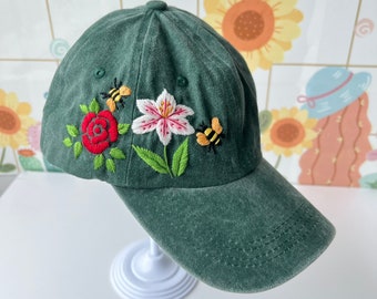 Custom Hand Embroidery Floral Hat, Rose And Lily Embroidered Baseball Cap, Wash Cotton Hat, Embroidered Bee Cap, Summer Women Hat