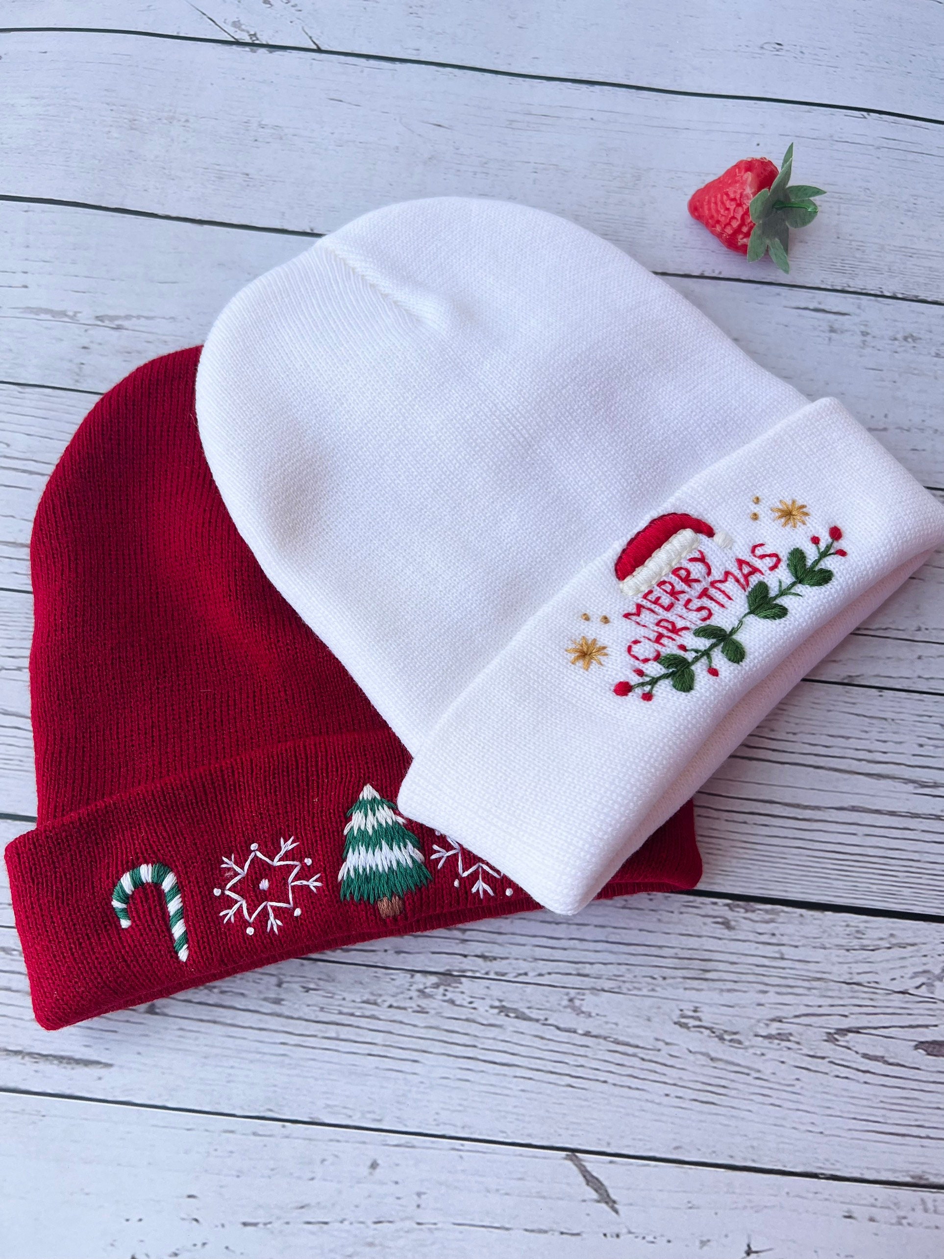 Hand Embroidered Beanie - Christmas Beanie, Boho Beanie, Winter Hat, Christmas Gift, New Year Gift, Christmas tree, Snow flake