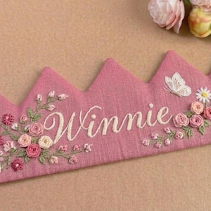 Custom Hand Embroidered Linen Crown, Baby Birthday Crown, Kids Crow, Personalized Gift, First Birthday Gift, Flower And Name Crowns image 13