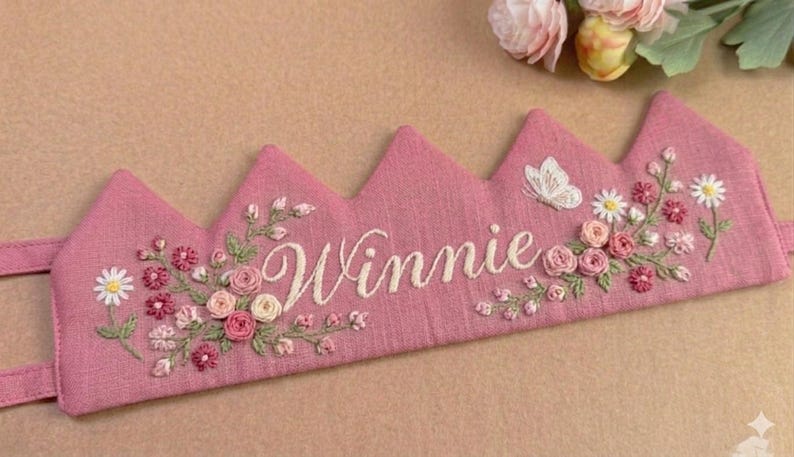 Custom Hand Embroidered Linen Crown, Baby Birthday Crown, Kids Crow, Personalized Gift, First Birthday Gift, Flower And Name Crowns image 13