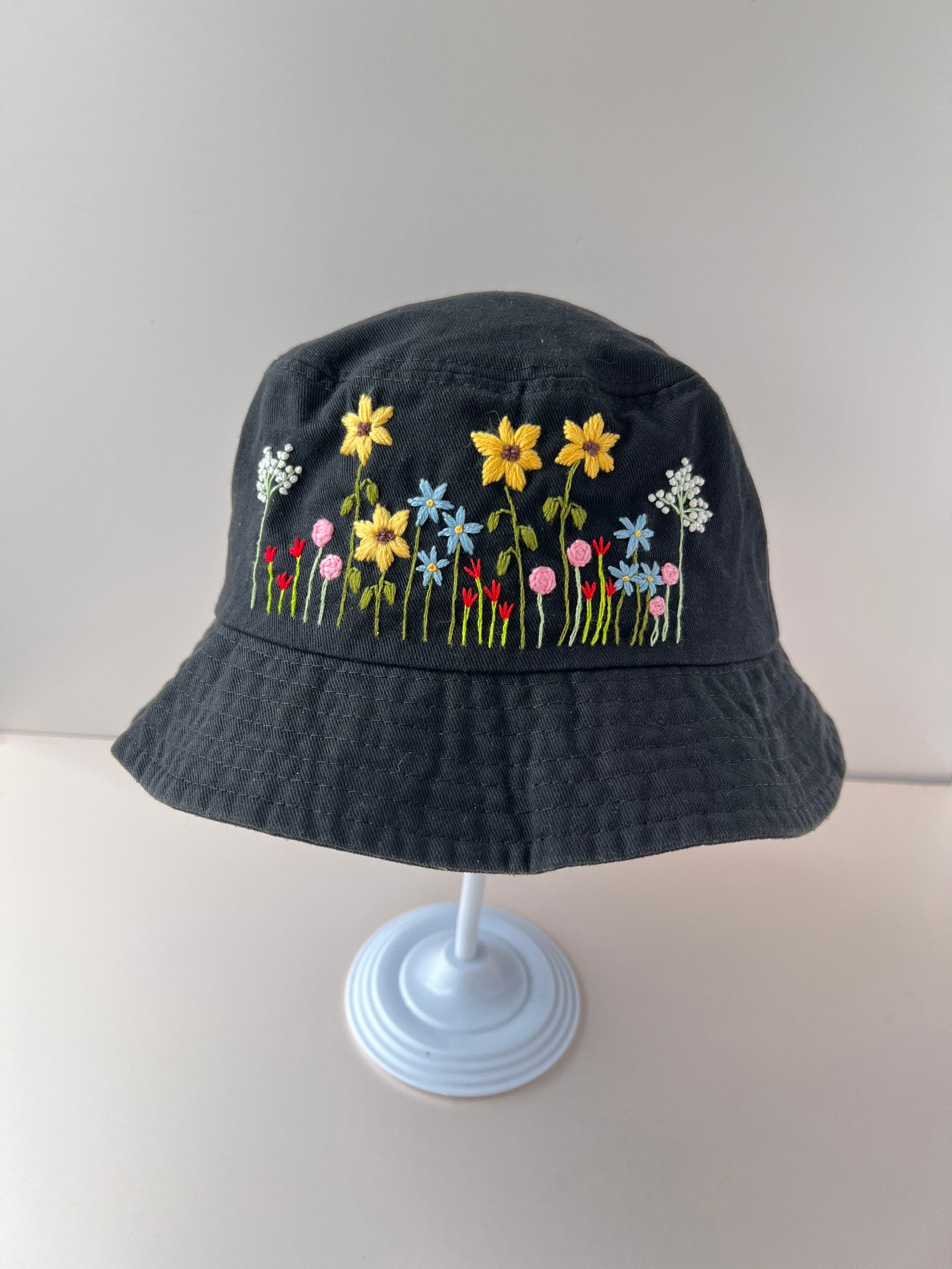Custom Hand Embroidery Floral Bucket Hat, Daisy Bucket, Wash