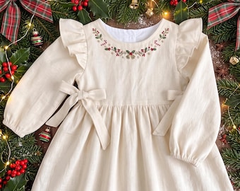 Baby Christmas Dress, Custom Hand-Embroidered Girl Soft Linen Dress, Toddler Dress,  Kid Xmas Clothing, Baby Holiday Outfits, Baby Dress