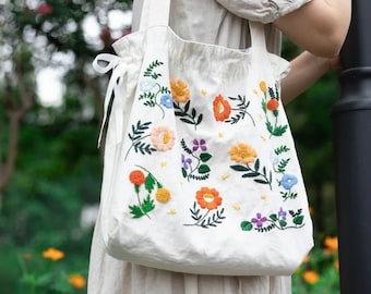 [OVEOF] Flower Embroidered Bag ★大人気★ Tote Bag With Wild Flowers, Cloth Shoulder Bags for Women