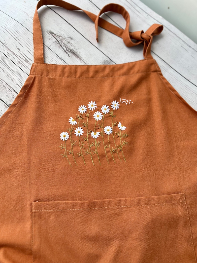 Wild Flower Embroidered Apron For Women, Hand-Embroidered Apron Personalized, Linen Cotton Apron,Flower Embroidery Linen Apron, Custom Apron image 10